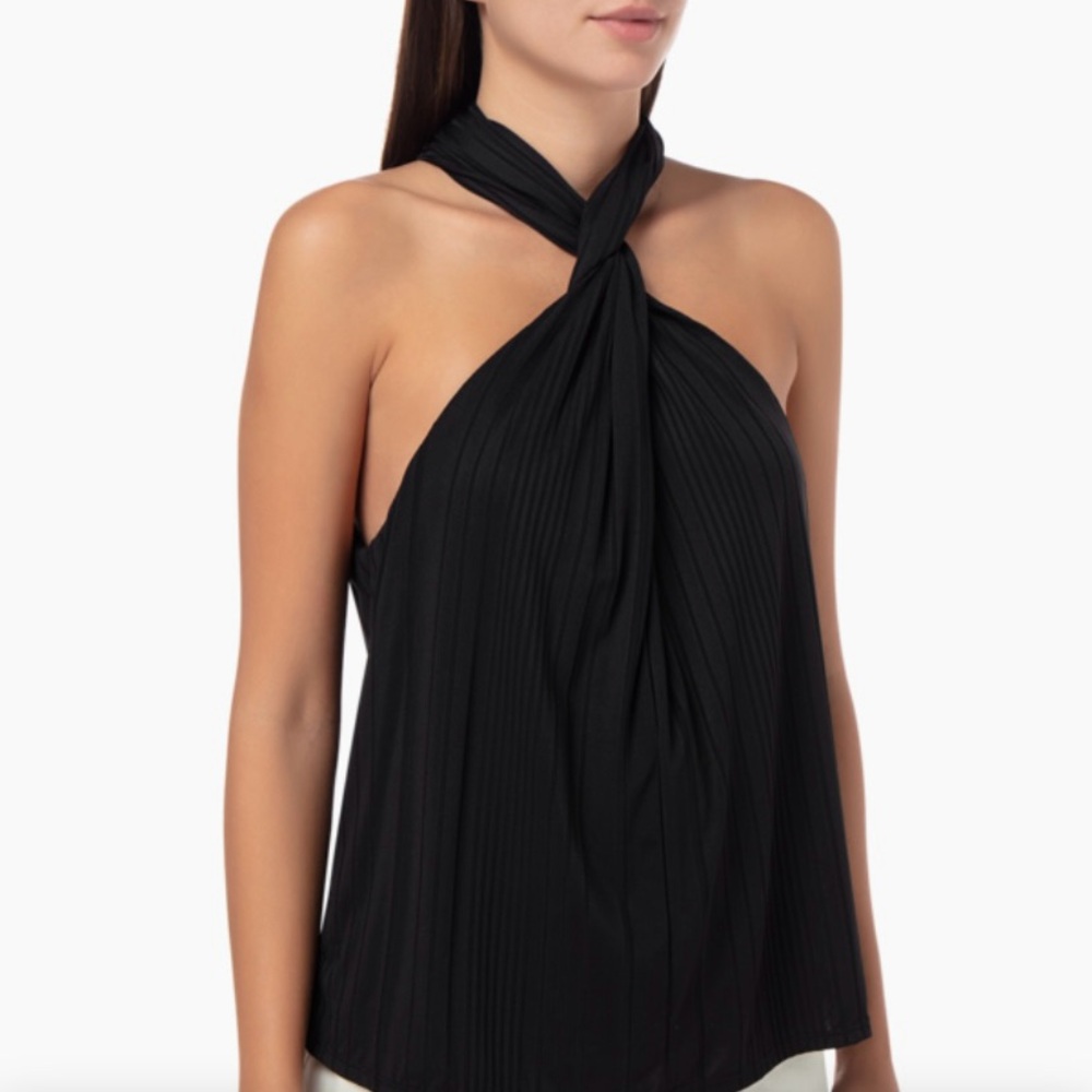 Anine Bing Agnes Top Black Rib-knit Sleeveless Twist Halter Size Medium